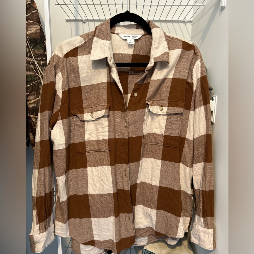 Old Navy Tan and Cream Plaid Shirt